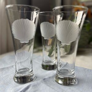3 scallop seashell etched ROLF Pilsner glasses barware